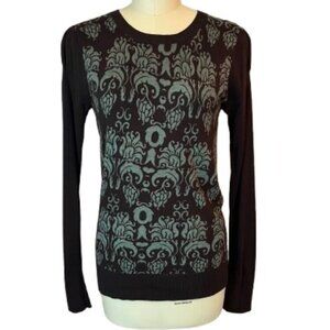 Mossimo Brown Crewneck Sweater With Sage Green Filigree Damask Print - EUC